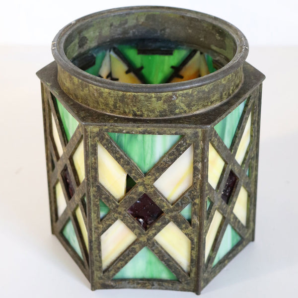 American Arts and Crafts Stained Slag and Jeweled Glass Hexagonal Lamp Shade