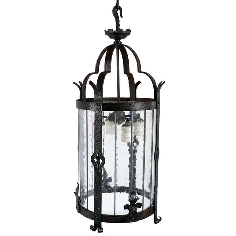 Large American Albert Sechrist Wrought Iron and Glass Four-Light Pendant Lantern