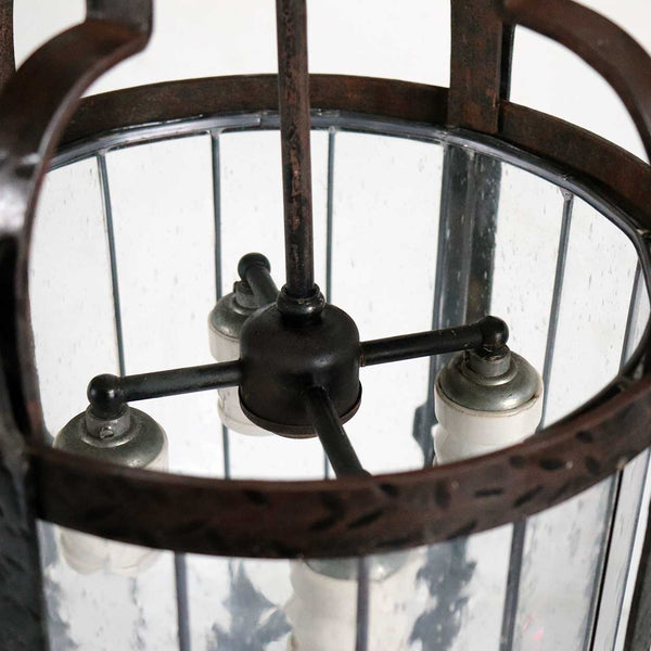 Large American Albert Sechrist Wrought Iron and Glass Four-Light Pendant Lantern