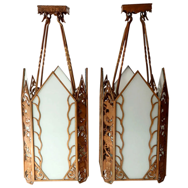 Pair of American Albert Sechrist Art Deco Cast Bronze and Flashed Glass Pendant Lights