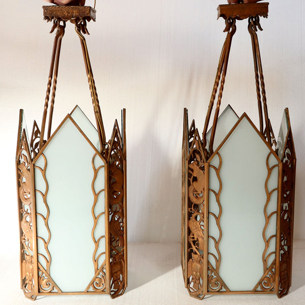 Pair of American Albert Sechrist Art Deco Cast Bronze and Flashed Glass Pendant Lights