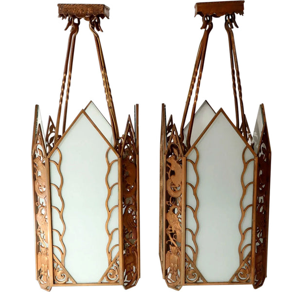 Pair American Albert Sechrist Bronze and White Flashed Glass Four-Light Pendant Lights