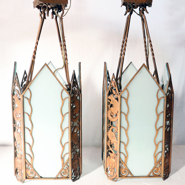 Pair American Albert Sechrist Bronze and White Flashed Glass Four-Light Pendant Lights