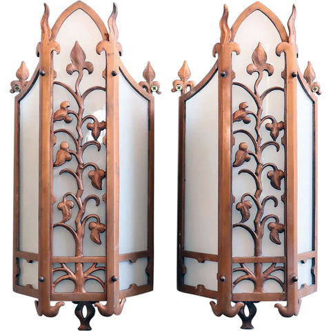 Pair of American Albert Sechrist Bronze and Flashed Glass One-Light Wall Sconces