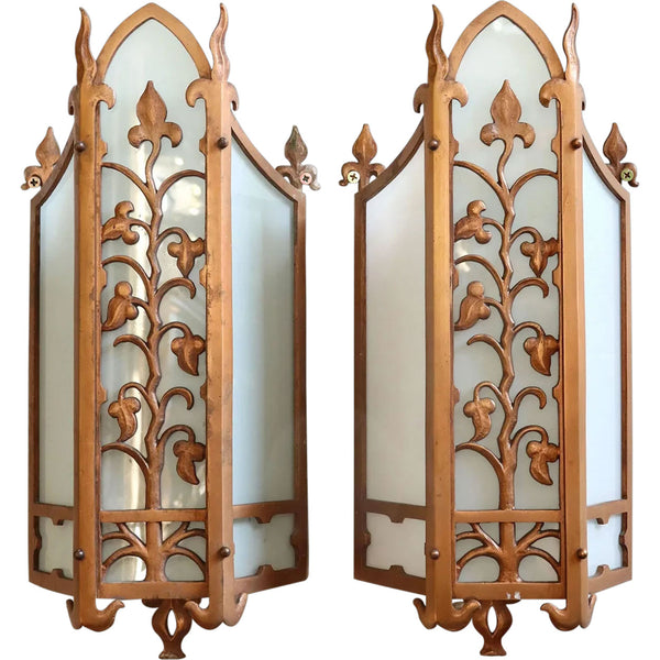 Pair of American Albert Sechrist Bronze and Flashed Glass One-Light Wall Sconces
