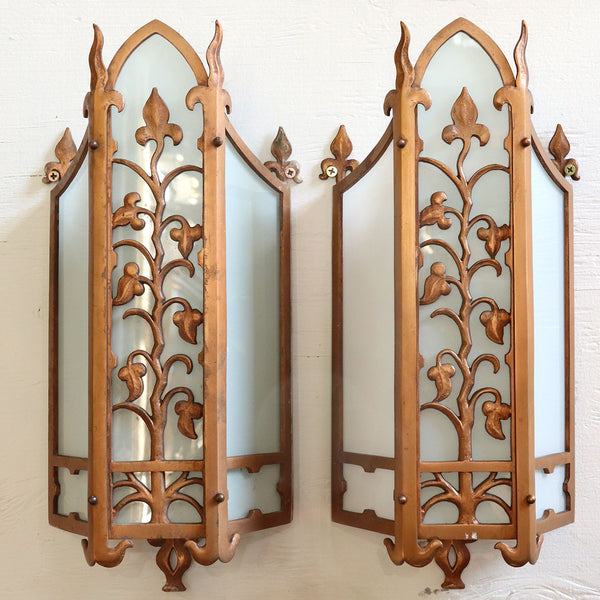 Pair of American Albert Sechrist Bronze and Flashed Glass One-Light Wall Sconces