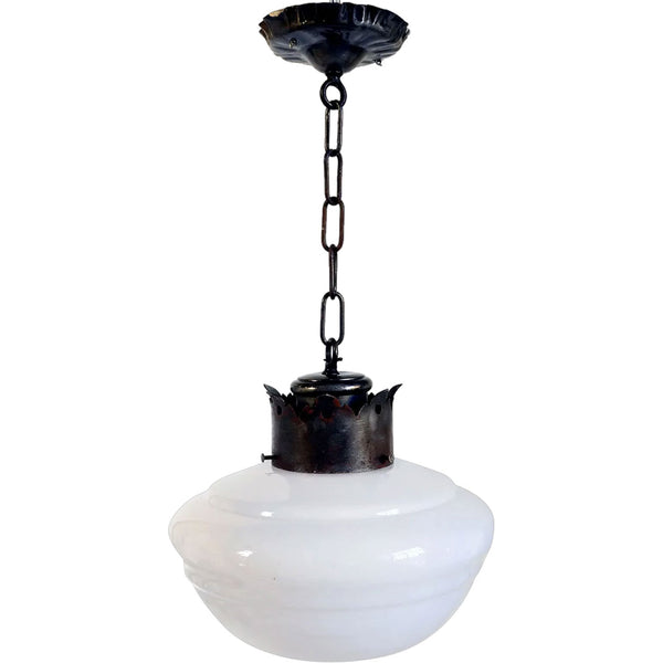 American Albert Sechrist Iron Mounted White Glass Schoolhouse Globe Pendant Light