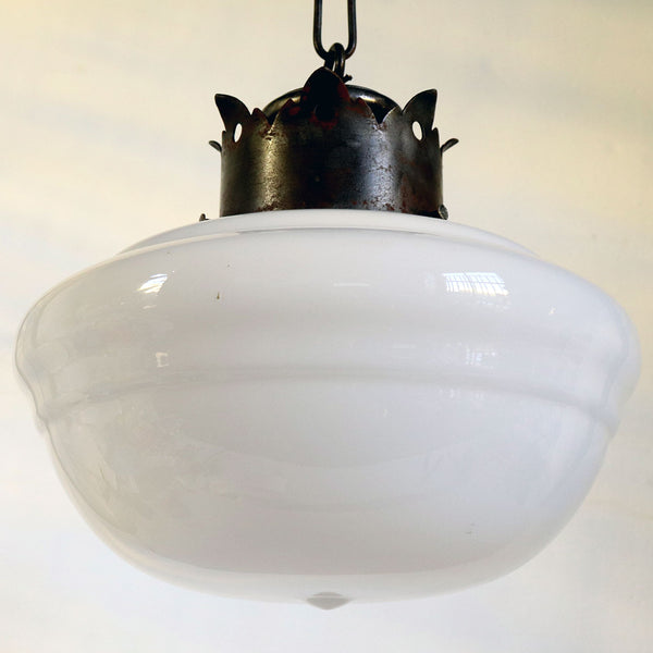 American Albert Sechrist Iron Mounted White Glass Schoolhouse Globe Pendant Light