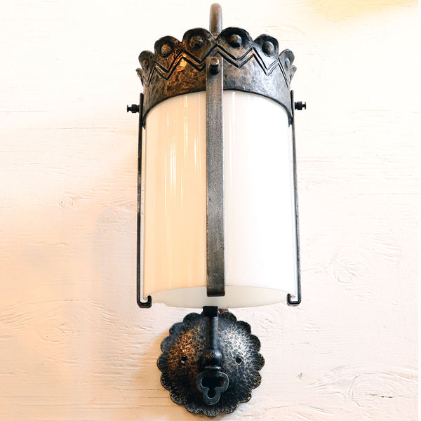 American Albert Sechrist Hammered Iron and White Glass One-Light Bracket Wall Sconce