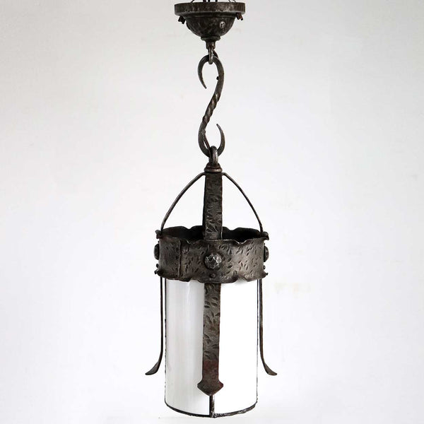 American Albert Sechrist Gothic Revival Wrought Iron and Glass One-Light Pendant Light