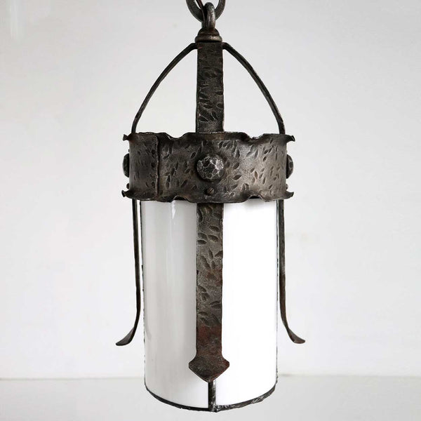 American Albert Sechrist Gothic Revival Wrought Iron and Glass One-Light Pendant Light
