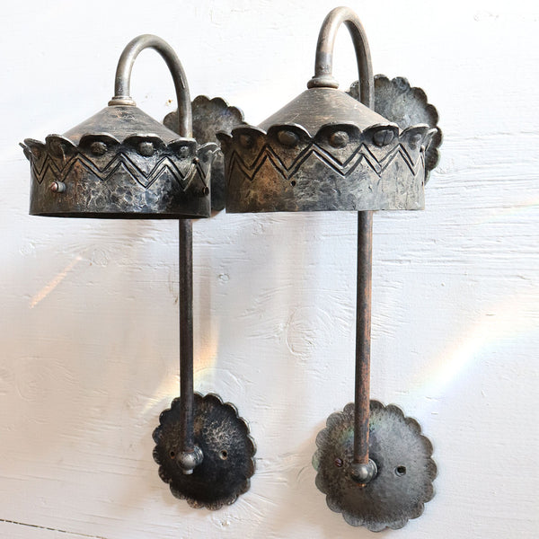 Pair of American Albert Sechrist Gothic Revival Hammered Iron Bracket One-Light Wall Sconces
