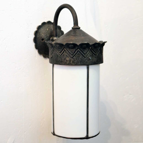 American Albert Sechrist Hammered Iron and White Glass One-Light Bracket Wall Sconce