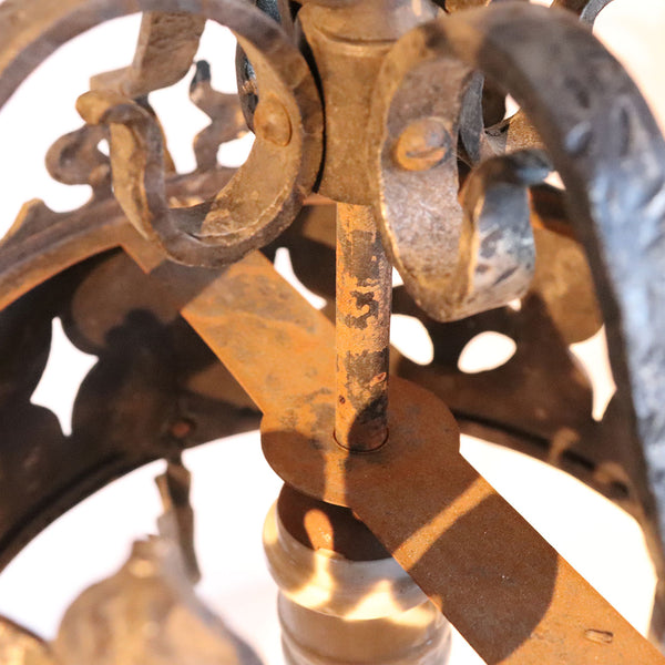 Pair American Albert Sechrist Hammered Iron and Glass One-Light Pendant Lights