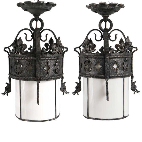 Pair American Albert Sechrist Hammered Iron and Glass One-Light Pendant Lights