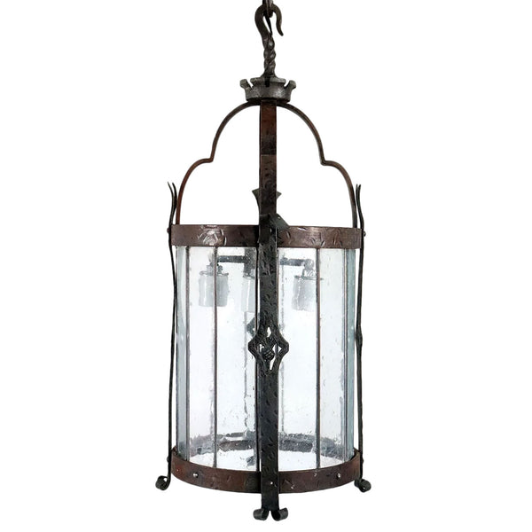 Small American Albert Sechrist Gothic Revival Hammered Wrought Iron Four-Light Pendant Light