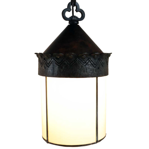 American Albert Sechrist Hammered Iron and Glass One-Light Pendant Hall Light