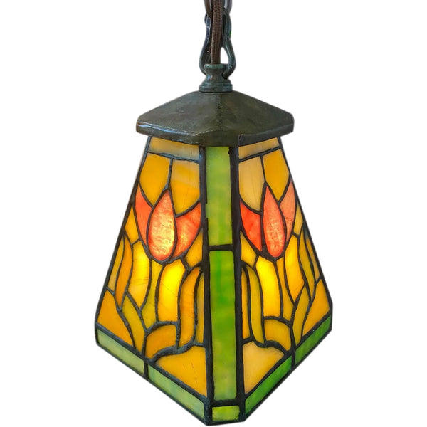 American Arts and Crafts Leaded Stained Glass Tulip Pattern Pendant One-Light Hall Light