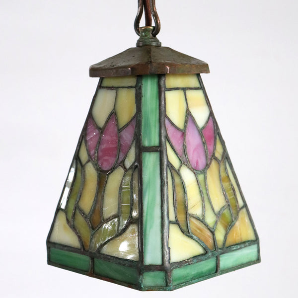 American Arts and Crafts Leaded Stained Glass Tulip Pattern Pendant One-Light Hall Light