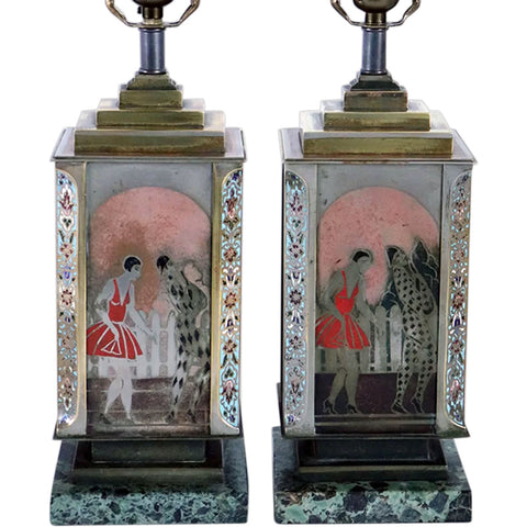 Pair French Art Deco ANDRE DESGRANGES Champleve and Lacquer One-Light Table Lamps