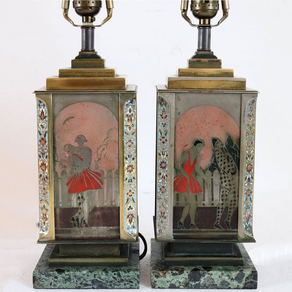 Pair French Art Deco ANDRE DESGRANGES Champleve and Lacquer One-Light Table Lamps