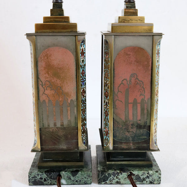 Pair French Art Deco ANDRE DESGRANGES Champleve and Lacquer One-Light Table Lamps