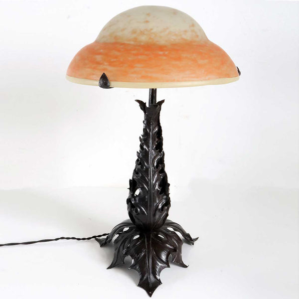 French LOUIS JANIN for Daum Nancy Glass and Fer Forge Iron Table Lamp
