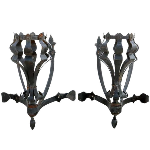 Pair of American Medieval Style Painted Wrought Iron One-Light Corner Wall Sconces