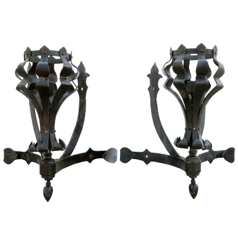 Pair of American Medieval Style Painted Wrought Iron One-Light Corner Wall Sconces