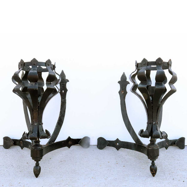 Pair of American Medieval Style Painted Wrought Iron One-Light Corner Wall Sconces