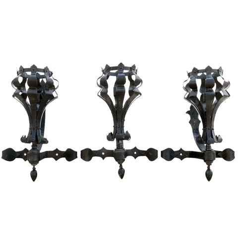 Set of Three American Medieval Style Painted Wrought Iron One-Light Wall Sconces