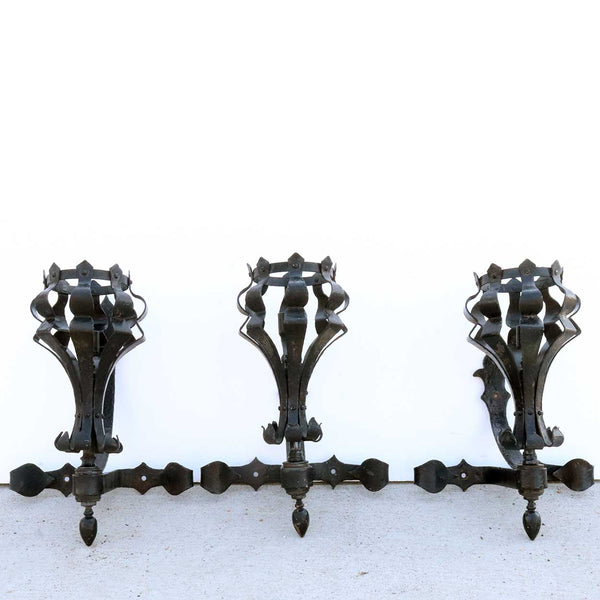 Set of Three American Medieval Style Painted Wrought Iron One-Light Wall Sconces