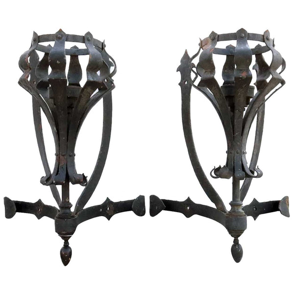 Pair of Large American Medieval Style Painted Wrought Iron One-Light Corner Wall Sconces