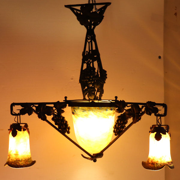 French Art Deco De Ross Wrought Iron (Fer Forge) and Glass Three-Arm Chandelier