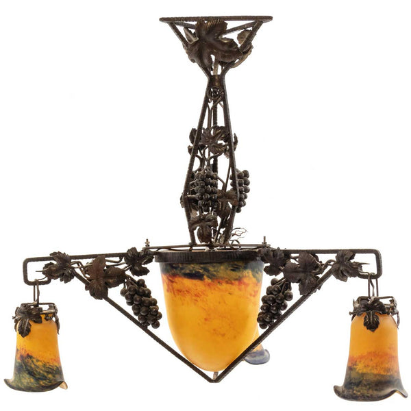 French Art Deco De Ross Wrought Iron (Fer Forge) and Glass Three-Arm Chandelier