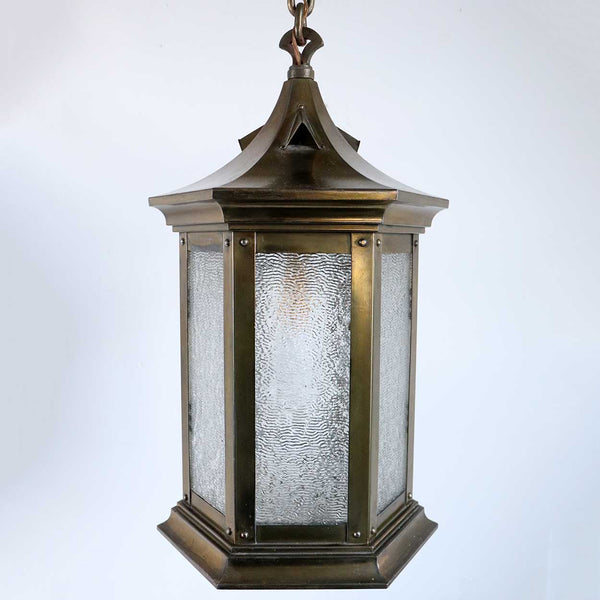 American Brass and Textured Rolled Glass Hexagonal One-Light Hanging Lantern