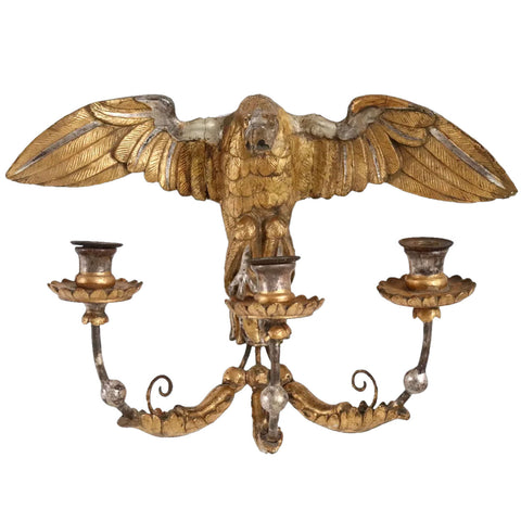 Italian Silver, Giltwood and Metal Eagle Three-Light Candle Wall Sconce