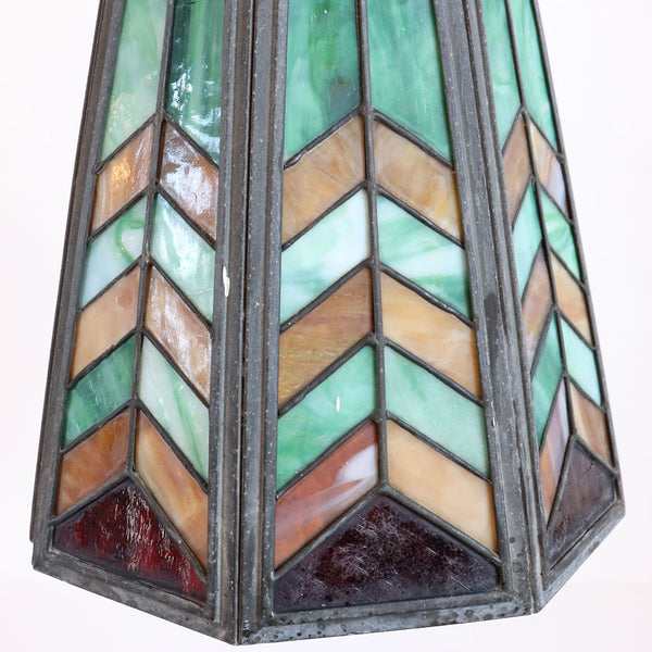 American Arts and Crafts Zinc and Leaded Glass Octagonal Pendant Light