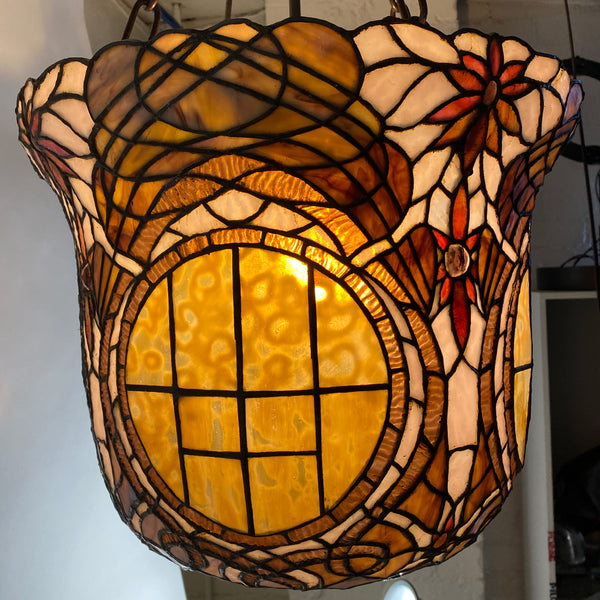 Large American Stained, Leaded Mosaic Glass One-Light Hanging Pendant Light