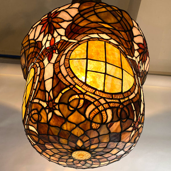 Large American Stained, Leaded Mosaic Glass One-Light Hanging Pendant Light