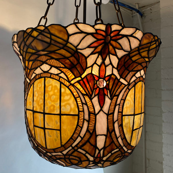 Large American Stained, Leaded Mosaic Glass One-Light Hanging Pendant Light