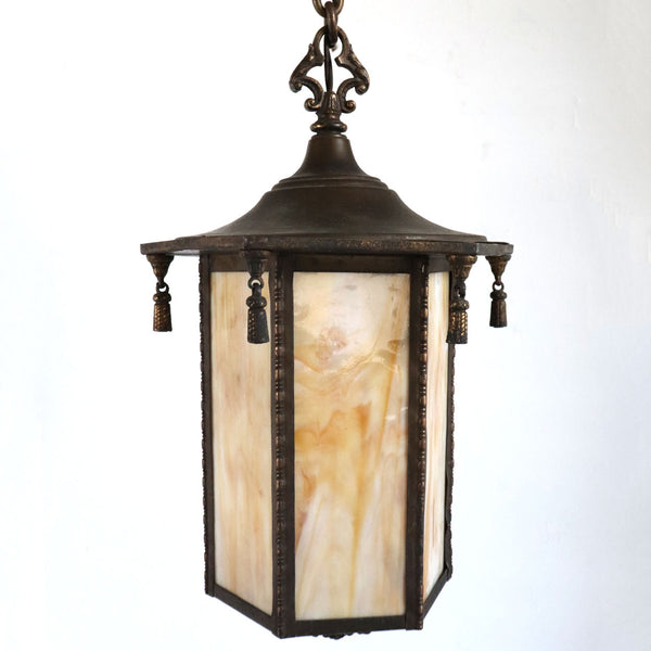 American Arts and Crafts Iron and Glass Hexagonal One-Light Pendant Hall Lantern