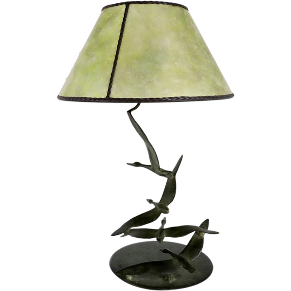 ROBERT GARRETT THEW Art Deco Bronze and Mica Shade Geese One-Light Table Lamp