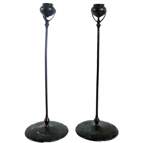 Pair of American Tiffany Studios Art Nouveau Bronze Puddle Candlesticks