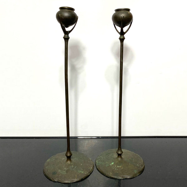 Pair of American Tiffany Studios Art Nouveau Bronze Puddle Candlesticks