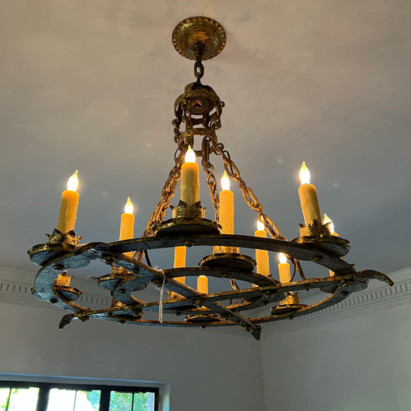 Pair of Large Medieval Style Gilt Forged Iron with Gold Finish 12-Light Chandeliers