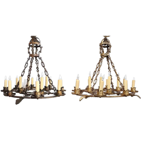 Pair of Large Medieval Style Gilt Forged Iron 12-Light Chandeliers