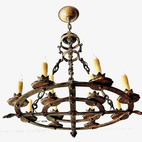 Pair of Large Medieval Style Gilt Forged Iron with Gold Finish 12-Light Chandeliers