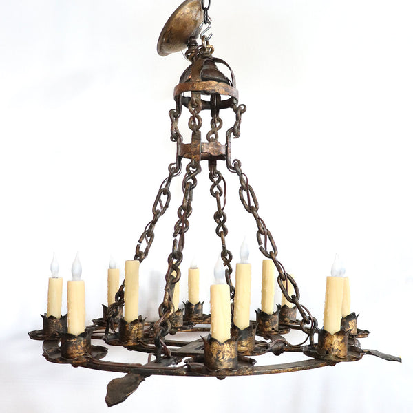 Pair of Large Medieval Style Gilt Forged Iron with Gold Finish 12-Light Chandeliers