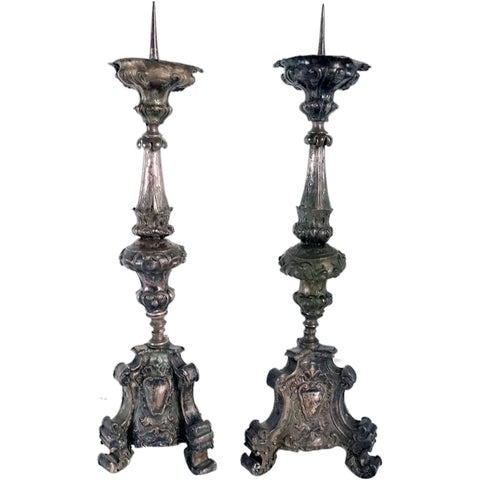 Pair of French Baroque Repousse Silverplated Copper Candlesticks